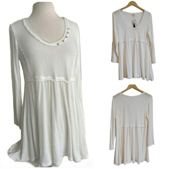 EMPIRE WAIST NWT Mini Dress Cream Off-White Babydoll Boho Tunic Mystree Medium - Picture 8 of 9